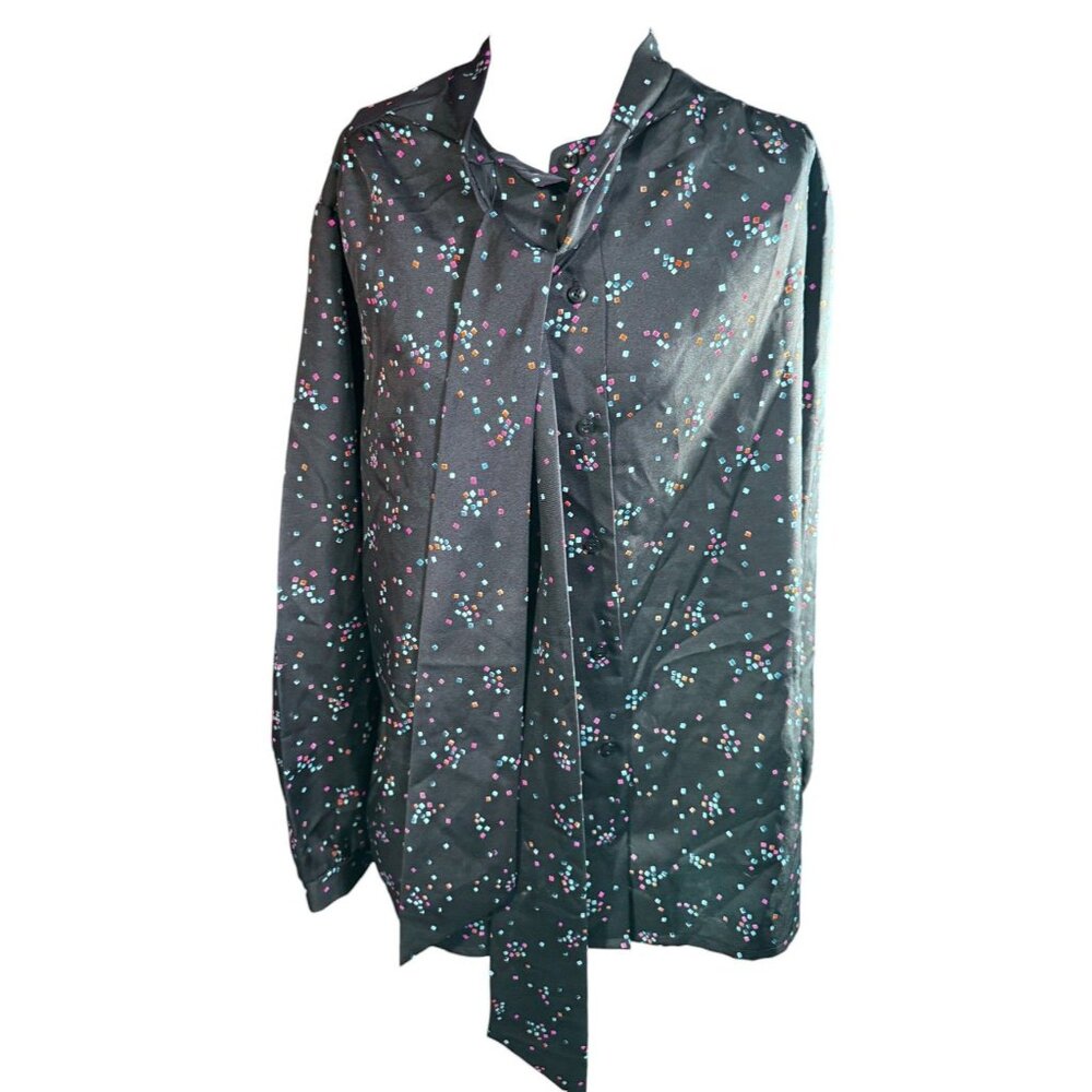 Vintage Ms. Bond Black Button-Up Blouse With Tie Neck & Colorful Confetti Print - Picture 2 of 7